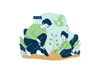Obraz premium Father and son planting a tree together, symbolizing environmental stewardship and family bonding.