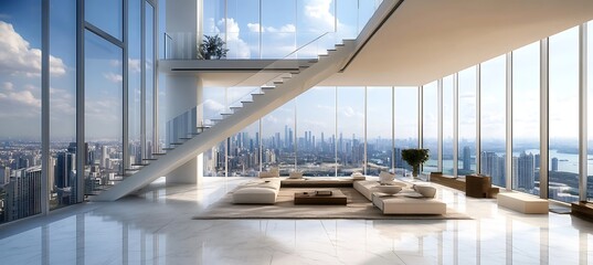 Fototapeta premium A modern penthouse with an open-plan layout, high ceilings, and luxurious finishes