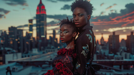 Obraz premium A high-end editorial with models in avant-garde couture fashion, set against the backdrop of a modern cityscape at dusk