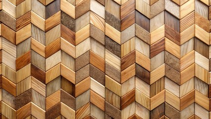 A geometric pattern of wooden chevron tiles in various shades of brown and beige, showcasing the natural beauty of wood grain.