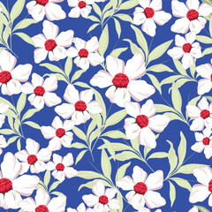 blue seamless vector stock flowers with leaves pattern on cream background