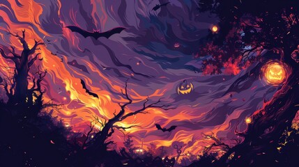 High-Energy Halloween Abstract with Jagged Black and Orange Patterns and Ghostly Apparitions