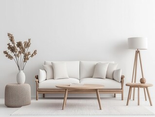 3D render of a Scandinavian-style living room with light wood and white furnishings, Scandinavian design, minimalist interior
