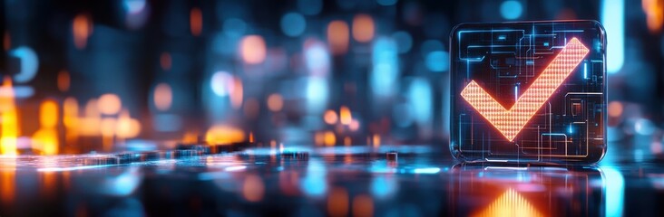 Glowing digital checkmark symbol on futuristic background, representing validation, success, and technology innovation.