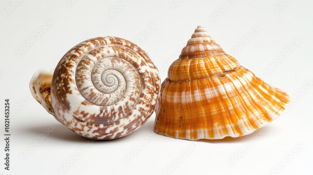 Poster Cockleshell and Snail Shell on White Background