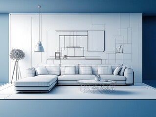 Blueprint of a futuristic living room with levitating furniture and touch-sensitive surfaces, futuristic design, high-tech interior