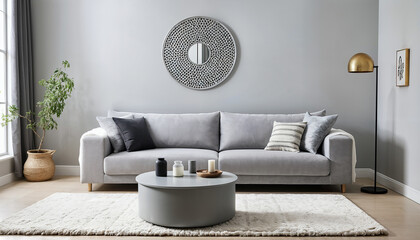 modern scandinavian style room with grey fabric couch and round coffee table