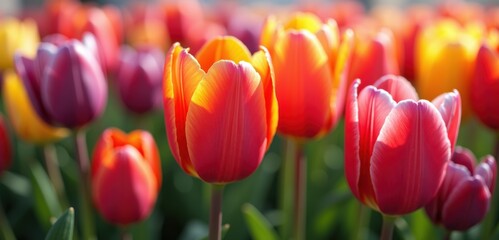 Vibrant tulips in bloom, showcasing a stunning array of colors. Perfect for spring themes, gardening, floral arrangements, and seasonal promotions.