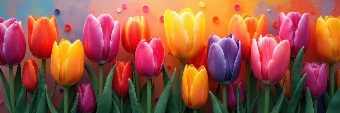A vibrant display of colorful tulips against a soft gradient background, perfect for floral themed projects, invitations, and spring promotions.