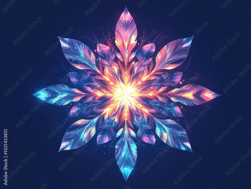 Poster abstract illustration of a fantasy snowflake featuring vibrant light elements in eps10 format