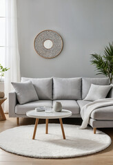 modern scandinavian style room with grey fabric couch and round coffee table