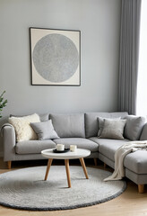 modern scandinavian style room with grey fabric couch and round coffee table
