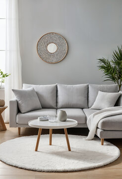 modern scandinavian style room with grey fabric couch and round coffee table