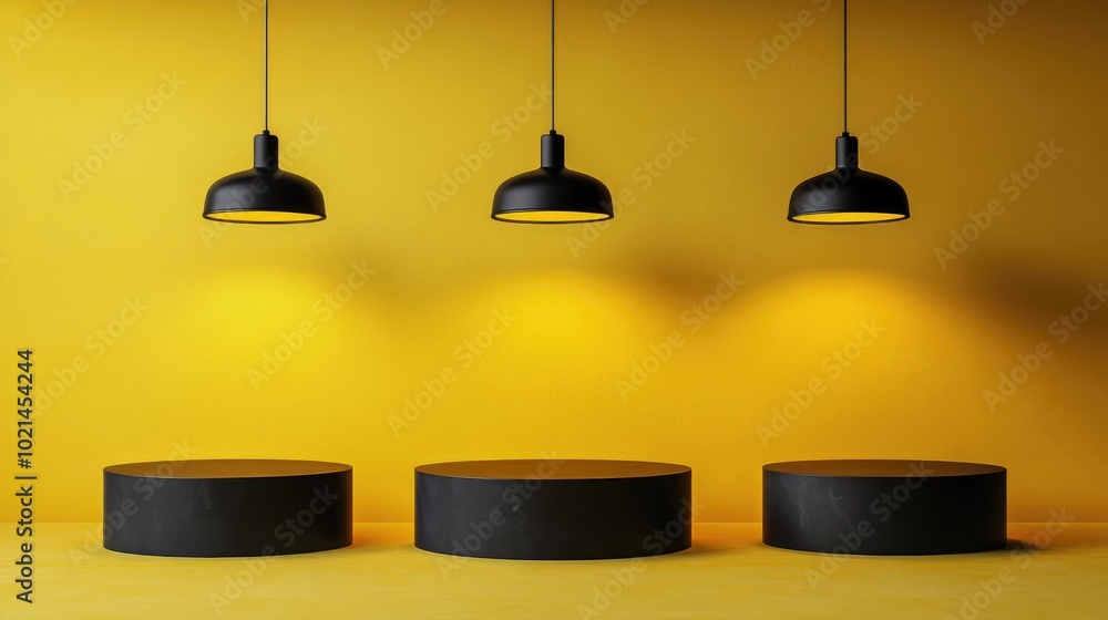 Poster 3D representation of three podiums set against a yellow backdrop with suspended lighting for a product display setup