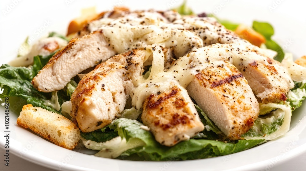Poster chicken caesar salad with sauce cheese and croutons on isolated white plate side view food image