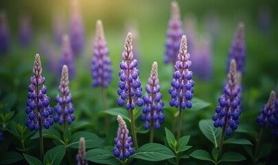 Obraz premium Beautiful close up of purple lupin flowers in a lush green setting, perfect for nature themed projects, marketing, or wellness related content.