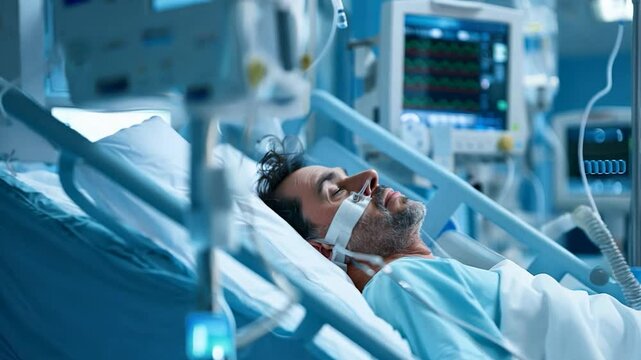 Patient in Hospital Bed with Medical Equipment and Monitors in Intensive Care Unit