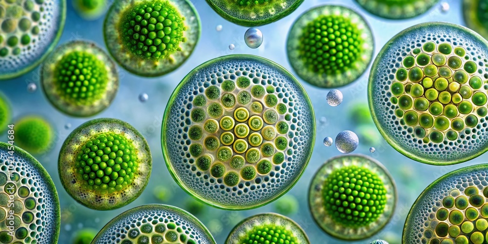 Poster labeled close-up of volvox algae under microscope showing unique structure and cellular organization