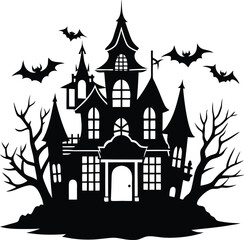 Halloween haunted house silhouette, featuring a ghost mansion on a white background.