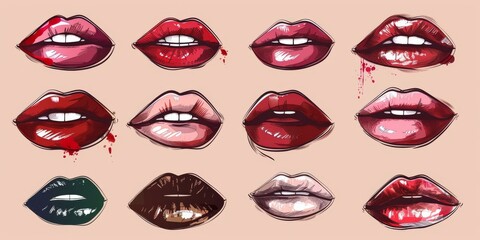 Obraz premium A Set of Vector Lips with Different Shades of Lipstick