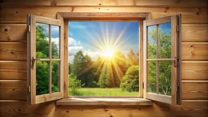 A Rustic Wooden Window Opens to a Bright Sunny Day in a Lush Green Forest