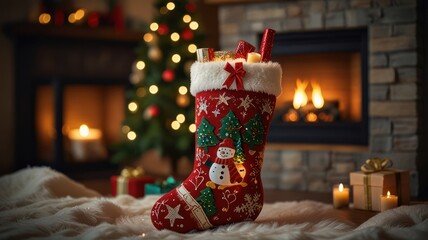 A Christmas stocking filled with gifts sits on the floor in front of a fireplace.