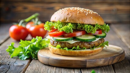 Freshly Made Hamburger with Tomato, Cucumber, Lettuce, and Sesame Seed Bun on Wooden Cutting Board