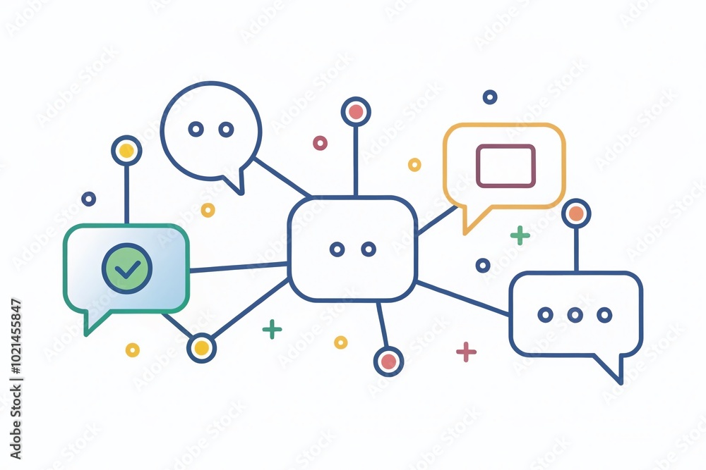 Aufkleber linear icon representing communication concept with speech bubbles and connection lines on white bac