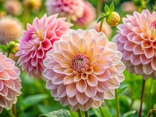 Fototapeta premium Light Pink Dahlias Blooming in a Garden Setting with Green Leaves and Soft Natural Lighting
