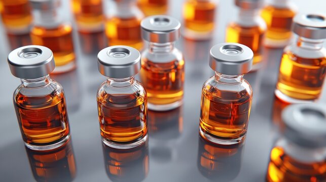 Collection of testosterone steroid vials on a flat surface representing anabolic steroids for muscle development viewed from above in a 3D illustration