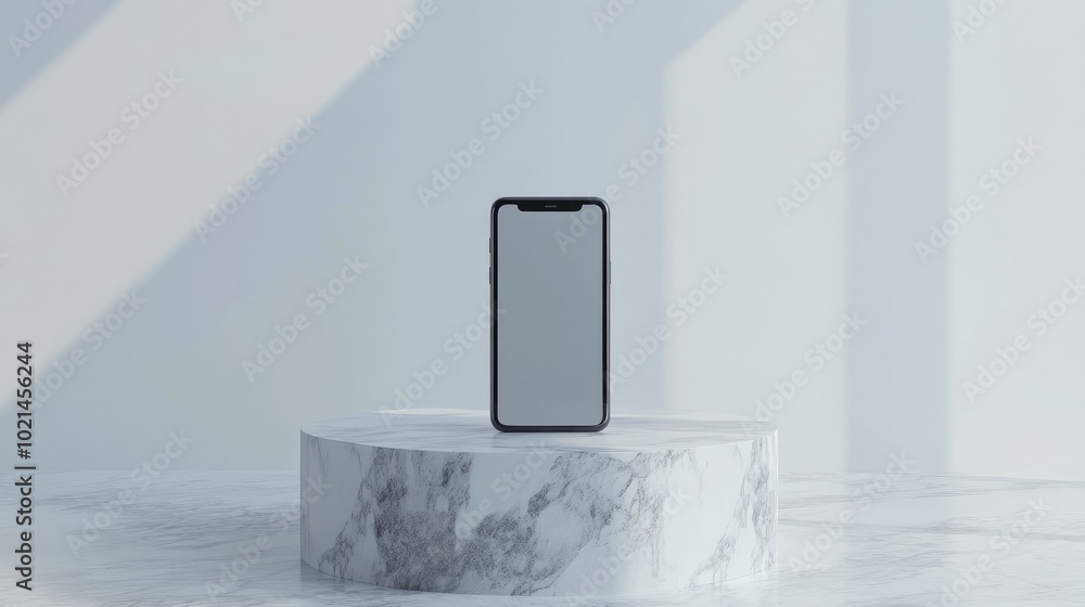 Aufkleber 3D render illustration of a smartphone mockup UI app display on a marble podium against a white background with a premium minimalist design