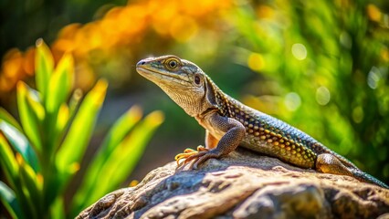 Obraz premium Lizard Sunning on a Warm Rock Under the Sun in a Natural Outdoor Habitat Surrounded by Vegetation