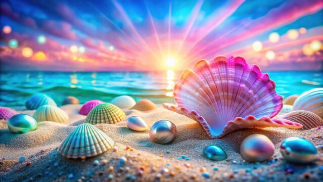 Seashells and Pearls on the Beach at Sunset, with Vibrant Colors and a Magical Glow
