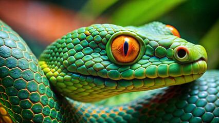 Fototapeta premium Green snake with red eyes symbol of the new year 2025