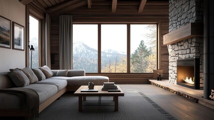 Render of a cozy mountain cabin living room with a stone fireplace and wooden accents, mountain cabin, warm interior
