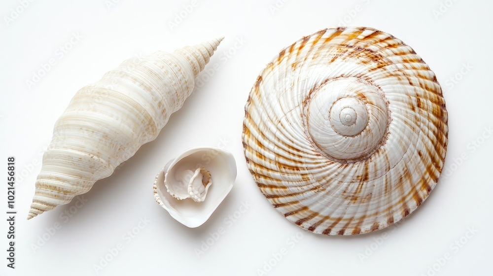 Poster cockleshell and snail shell on white background