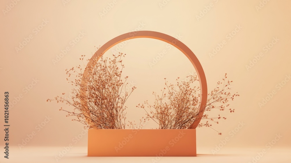 Poster brown arc on a light orange pedestal with dried vegetation minimalistic and natural design 3d render