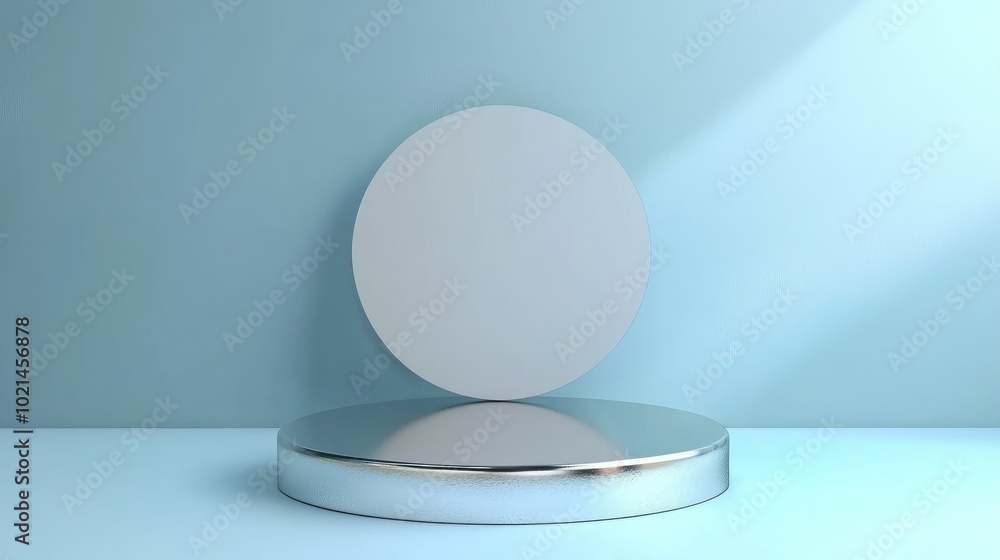 Poster 3d podium display with silver pedestal and blank backdrop for product presentation