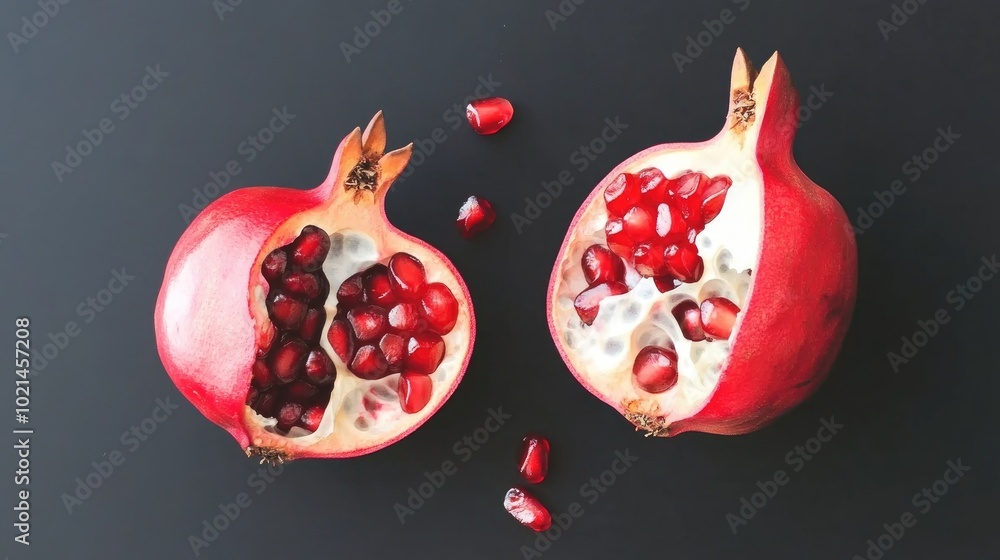 Poster aged shriveled red pomegranate fruits on a black background with ample copy space side view