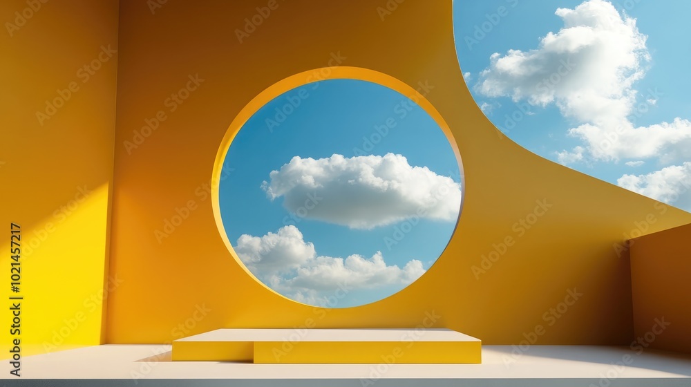 Aufkleber 3D render of an abstract background featuring a blue sky within a circular opening in a yellow wall White clouds drift through the window above a vacant podium Empty showcase mockup