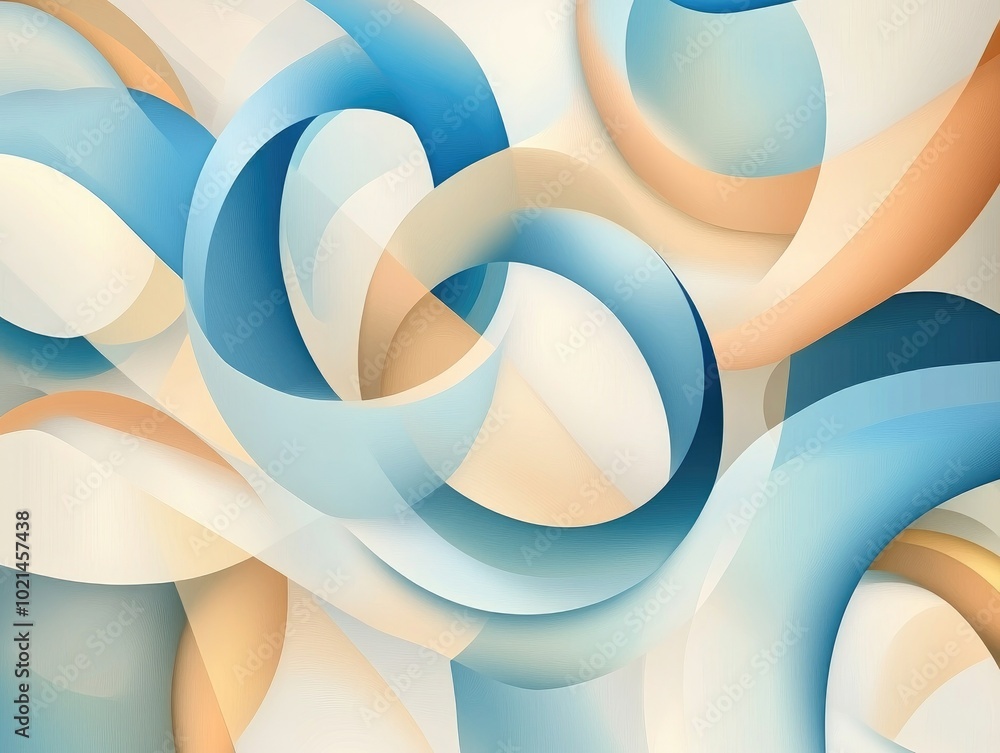 Aufkleber Abstract painting featuring overlapping azure and beige shapes circular chains a light burst smooth lines and translucent forms within a white frame Ideal for wallpaper Vector design