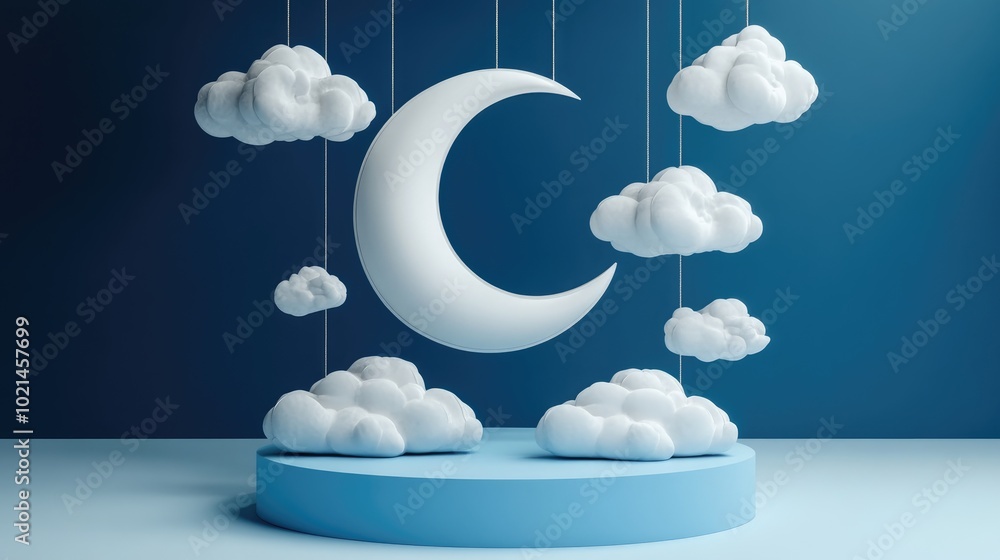 Poster 3d rendered podium featuring a slumbering moon and suspended paper clouds