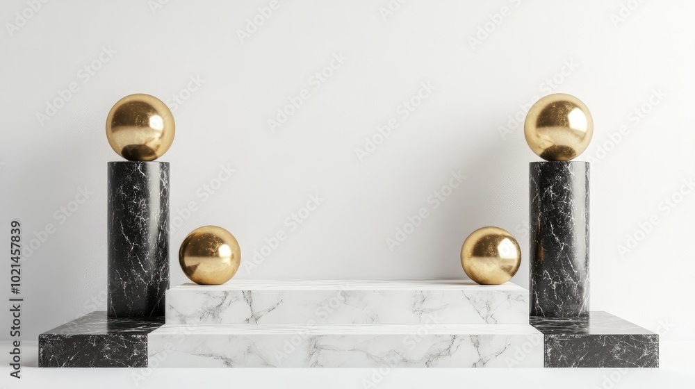 Poster black and white marble pedestal steps against a white backdrop featuring gold spheres and three cyli