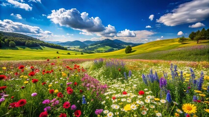 Fototapeta premium Lush Green Fields with Vibrant Wildflowers Under Clear Blue Sky on a Sunny Day in Springtime