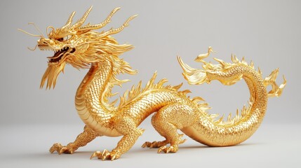 Fototapeta premium Gold Dragon. Chinese Mythical Animal in Bend Pose with Ancient Asian Influence