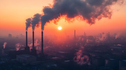 Fototapeta premium Industrial smoke plumes fill the sky at sunset.