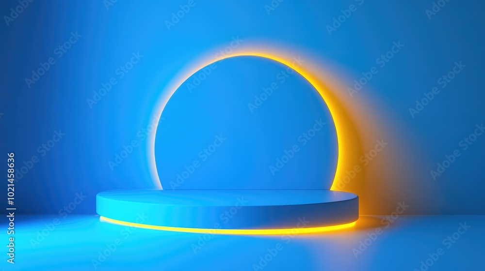 Poster 3D render featuring a blue background with abstract geometric shapes illuminated by yellow neon light A contemporary minimalist setting suitable for product display