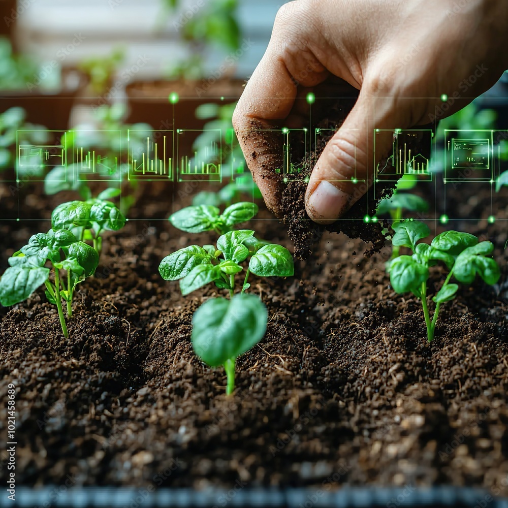 Poster hand nurturing seedlings in soil with digital overlay of graphs.