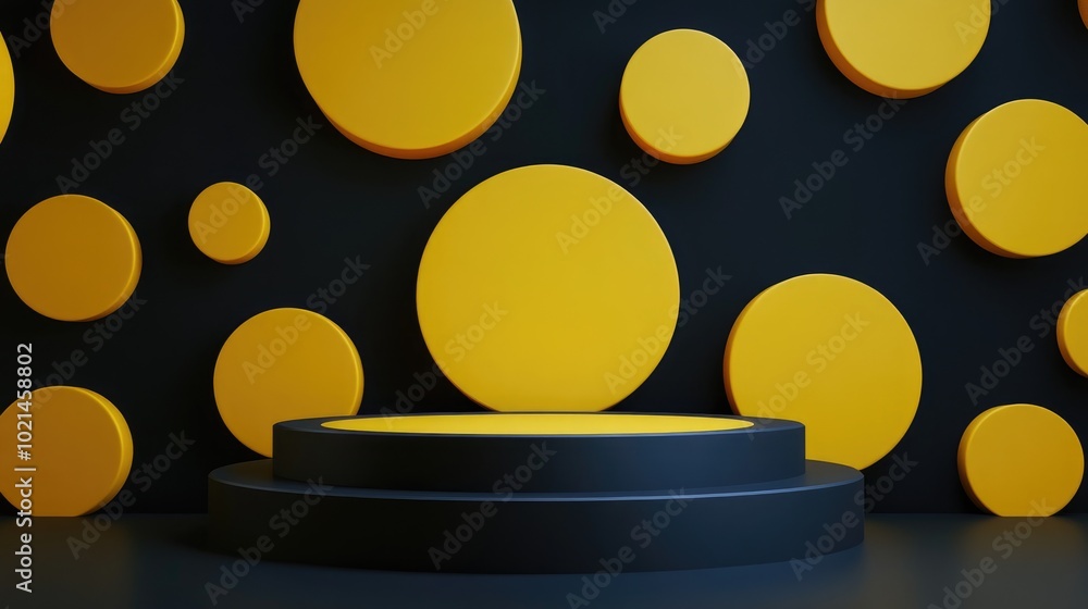 Aufkleber 3D rendering background featuring a podium with yellow circles