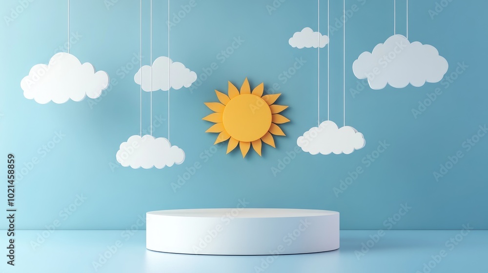 Poster 3d rendered display podiums featuring a charming sun and suspended paper clouds